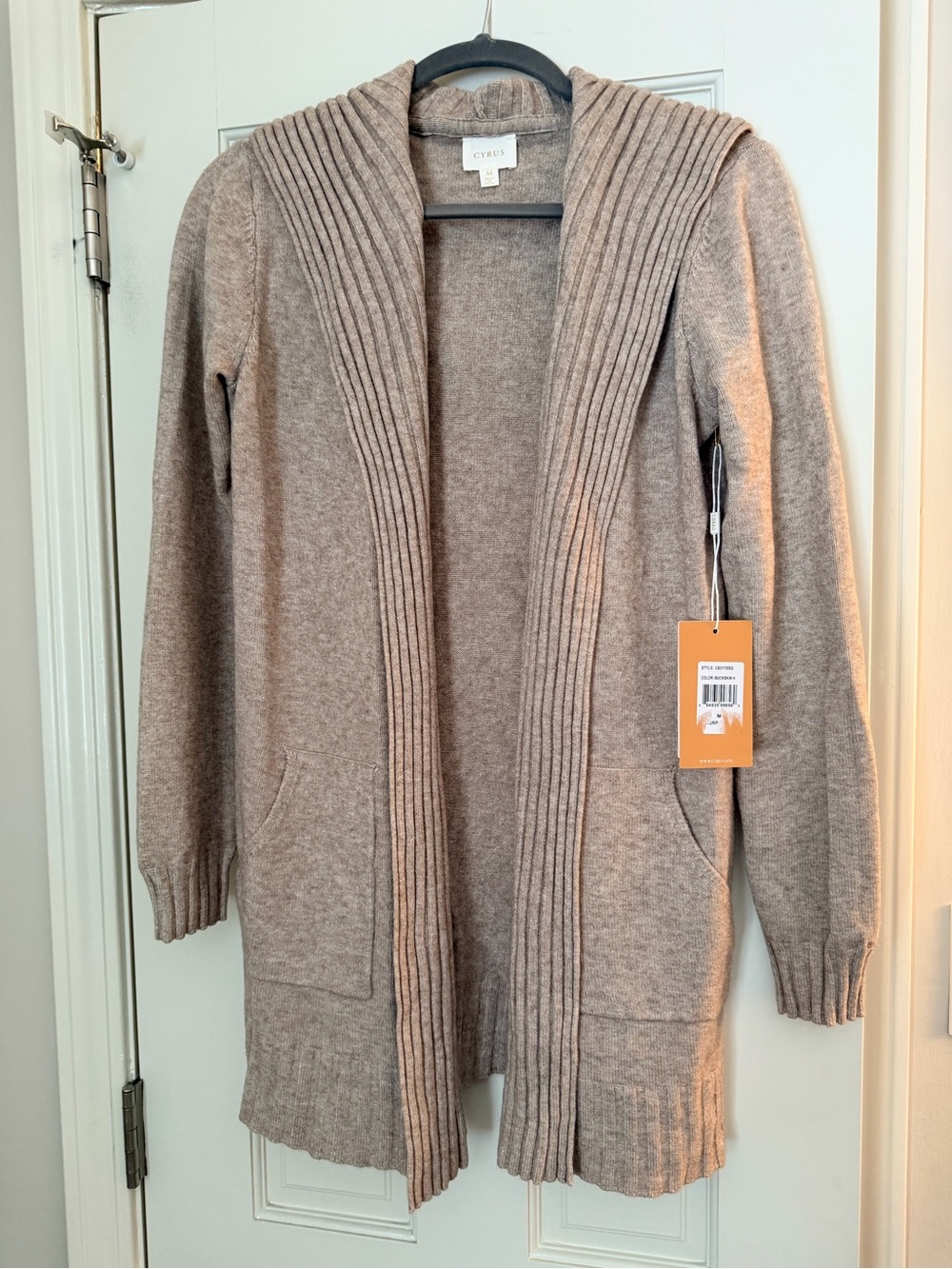 Cyrus Long Open-Front Ribbed Shawl Collar Cardigan - Taupe